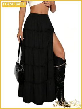 Plaid Maxi Skirt High Slit A-Line Tiered Ruffle Y2K Long Flowy